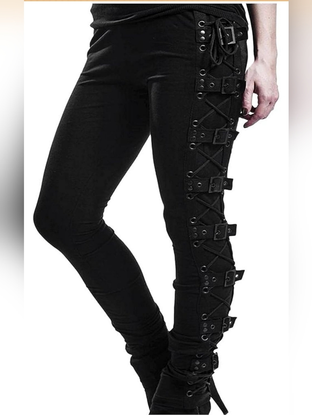 Black Lace-Up Side Buckle Straight Leg Pants